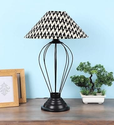 tu casa Table Lamps Black Metal Base with Black/White Cotton (Chevron Print) Shades for Home Décor, Bedrooms, Living Room, Gifting, Diwali Decoration, Dining Space, Study Room, Restaurants (H-20)