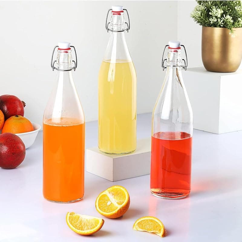 CELLO Aquaria Glass Water Bottle Set of 3 Pcs For Daily Use 1000 ml, Transparent | Durable Freezable & Fridge Safe, Leakproof & Leadfree Toughened Glass Water Bottle For Juices, Milk & Cold Beverages