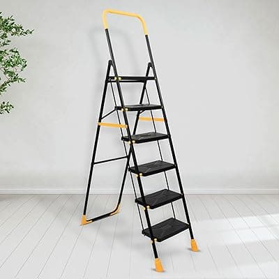 Plantex Premium Steel 6 Step Foldable Ladder for Home use/Heavy Duty Ladder for Home with Anti Slip Steps and PVC Shoes/Portable ladders with Knee Guard Protection (Yellow & Black)