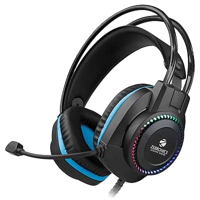 ZEBRONICS Jet Premium Wired Gaming On Ear Headphone with LED Light for earcups, 40mm Neodymium Drivers, 2 Meter Braided Cable, Flexible mic, Suspension Headband, 3.5mm + USB Connector (Black + Blue)