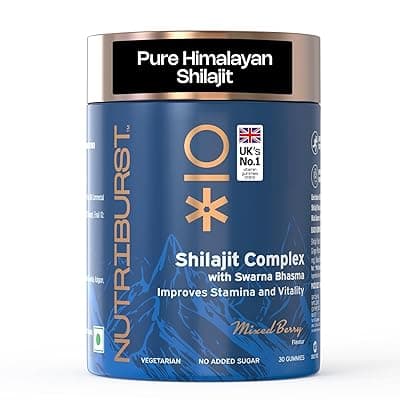 Nutriburst Shilajit Resin Gummies, Ayurvedic Herbal Blend with Swarna Bhasma, KSM-66 Ashwagandha, Black Musli and Ginger, Natural Energy & Vitality Boost, Mixed-Berry Flavor | 30 Gummies, 1 month pack