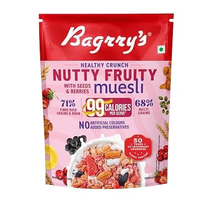 Bagrry's Crunchy Nutty Fruity Muesli with Seed &amp; Berries 425g | 78% Fruit, Nuts, Seeds &amp; Multigrains | 99 Calories per serve | Rich in Fibre &amp; Protein | No Artificial Preservatives or Colours | Breakfast Cereal