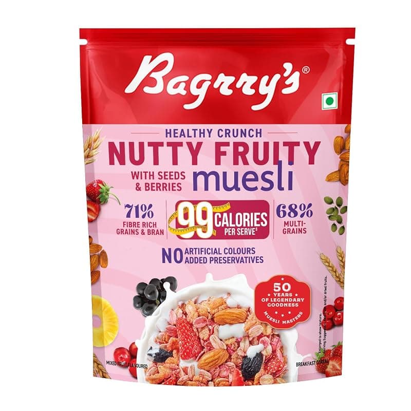 Bagrry's Crunchy Nutty Fruity Muesli with Seed &amp; Berries 425g | 78% Fruit, Nuts, Seeds &amp; Multigrains | 99 Calories per serve | Rich in Fibre &amp; Protein | No Artificial Preservatives or Colours | Breakfast Cereal