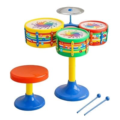 Kidsmate Lil’ Beats Drum Set for Kids | Musical Toy Set with 3 Drums, 1 Cymbal, Drumsticks &amp; Stool | Durable Plastic Learning Toy Music Instrument for Boys &amp; Girls for 3 Years &amp; Above - Multicolor