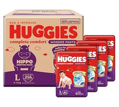 Huggies Complete Comfort Wonder Pants | Pant Style Baby Diapers Large Size, 256 Count | India's Fastest Absorbing diaper, Clinically Proven to Prevent Diaper Rash | Ideal for 9 to 14 Kgs (64 count, Pack of 4)