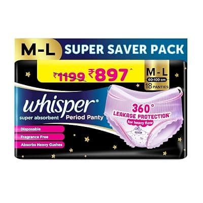Whisper Girls And Women Super Absorbent Period Panty, 18 M-L Pants, 360 Degree Leakage Protection for Heavy Flow, Panty like Fit, Full back Coverage, Absorbs Heavy Gushes, Silky Soft, Comfortable Feel