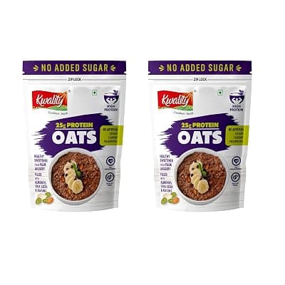 Kwality 25g High Protein Oats 400g Each (Pack Of 2) | Multigrain Rolled Oats with Whey &amp; Soy Protein | No Refined Sugar | With Almonds, Raisins, Pumpkin &amp; Chia Seeds | High Fiber | Gluten Free | Quick Breakfast for Weight Loss &amp; Fitness