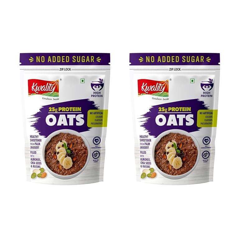 Kwality 25g High Protein Oats 400g Each (Pack Of 2) | Multigrain Rolled Oats with Whey &amp; Soy Protein | No Refined Sugar | With Almonds, Raisins, Pumpkin &amp; Chia Seeds | High Fiber | Gluten Free | Quick Breakfast for Weight Loss &amp; Fitness