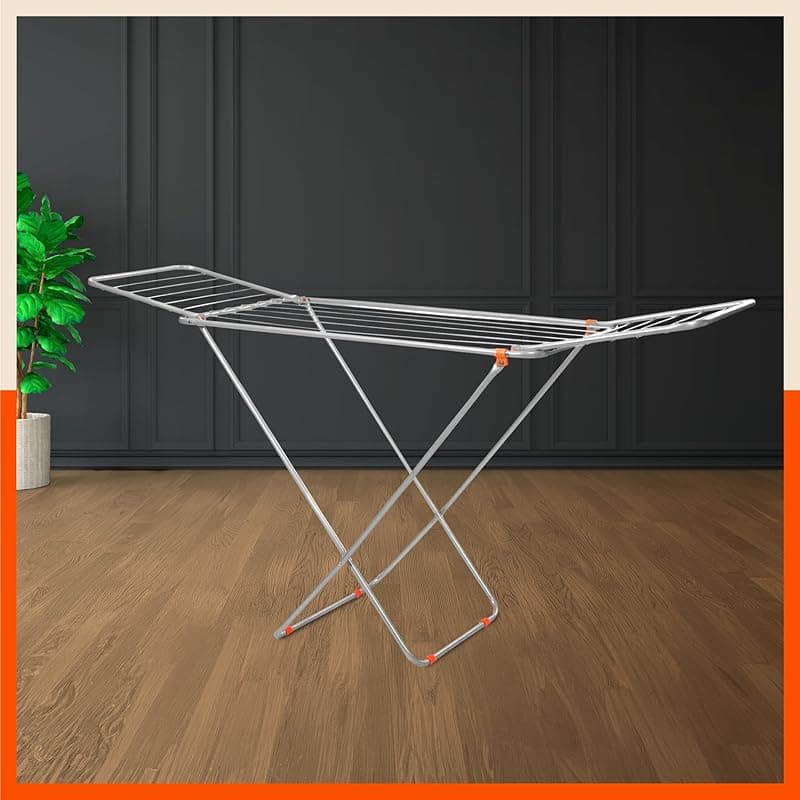 Bathla Foldable Clothes Drying Stand | 3 Way Folding, 20 Drying Rails, 45 Feet Drying Length | Lightweight | 1 Year Warranty (Silver)