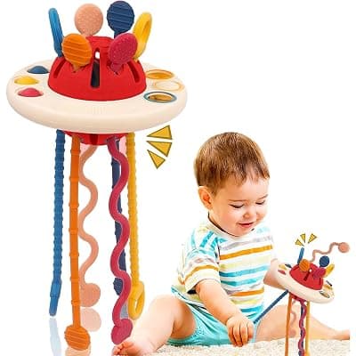 Montessori Teething Toy Set for Toddlers – Food-Grade Pull String, Perfect for 6+ Months Babies, Boys &amp; Girls, Learning &amp; Skills Development Toys, Travel-Friendly (UFO, Red)