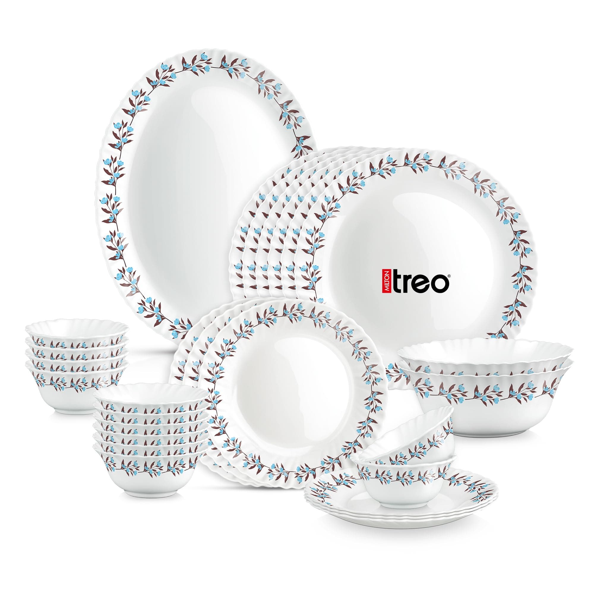 Treo by Milton Opalware Aurelia Lavelle Dinner Set of 27 | Serving for 6 | Microwave & Dishwasher Safe | Bone-Ash Free | Tempered Toughness | Plates & Bowls | Crockery Set for Dining & Gifting