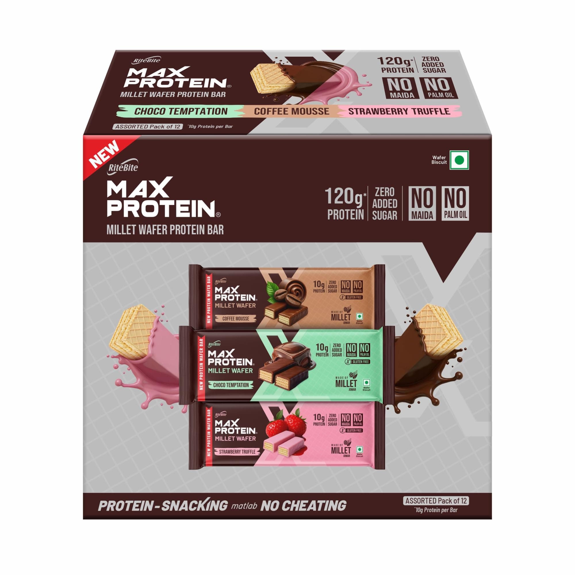 RiteBite Max Protein Wafer Bars with Millets, All Flavors (Pack of 12), 10g Protein, No Maida, No Palm Oil, Zero Added Sugar, Healthy Wafer Snack, 480g