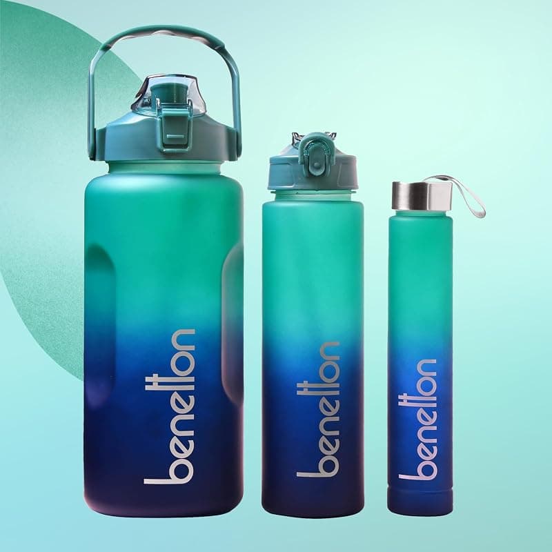 United Colors of Benetton 3-in-1 Water Bottle Set, 2000ML + 750 ML + 300 ML Assorted Bottles, Leakproof Reusable Drinking Bottles with Multi-Lid Options, BPA-Free Durable Sports/Gym/Travel Bottle