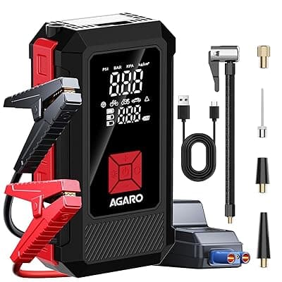 AGARO Regal Tyre inflator &amp; Jump Starter, For Cars &amp; Bikes, 12V, Upto 150 PSI, 10000 mAH Powerful Battery, LED Light, Digital Display, Multiple Nozzles