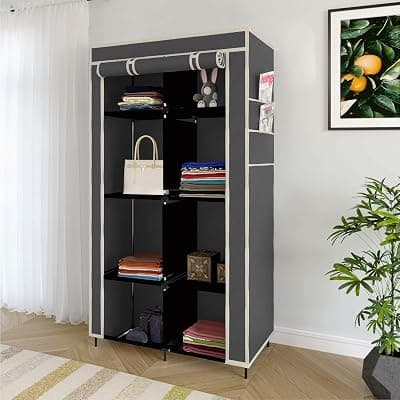 4+4 Layers Collapsible Wardrobe for Clothes with 6 Shelves, 2 Side Pocket and (Non Woven Febric and Metal Rod, 84x42.5x166cm)(Grey,7800-2)