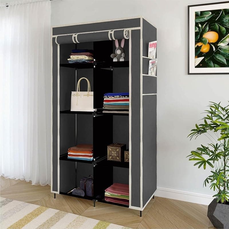 4+4 Layers Collapsible Wardrobe for Clothes with 6 Shelves, 2 Side Pocket and (Non Woven Febric and Metal Rod, 84x42.5x166cm)(Grey,7800-2)