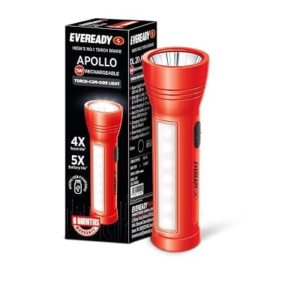Eveready Apollo DL20, Rechargeable 1W Led Torch Cum 1.4W Emergency Sidelight/Face Light, Type-B/Micro USB Fast Charging, Overcharge &amp; Deep Discharge Protection, Powered by Li-Ion Battery