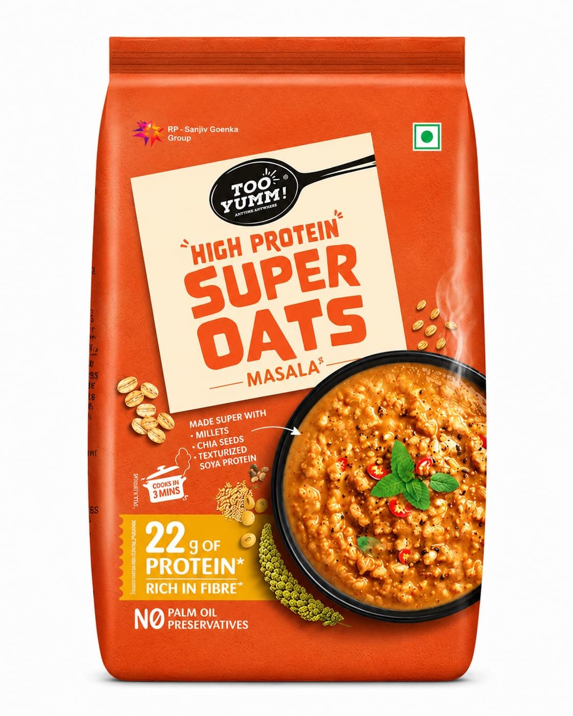 Too Yumm Oats High Protein Super Oats Masala | 22.2g Protein | Oats, Soya Chunks, Millets, Bajra, Jowar & Chia Seeds | 12.2g Dietary Fibre | 350g