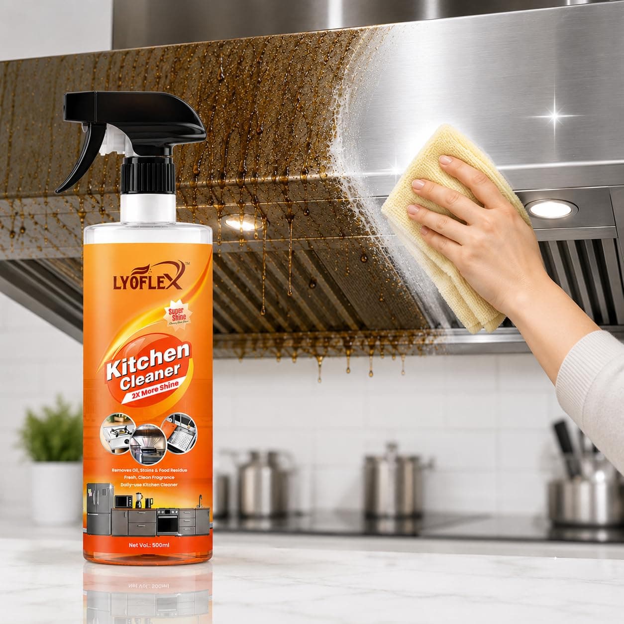 LYOFLEX Liquid Kitchen Cleaner Foam Spray Oil Grease and Stain Removal 500ml Bubble Foam | For Daily Surface Cleaning | Suitable for Gas Stove, Countertop, Chimney & Grime Remover