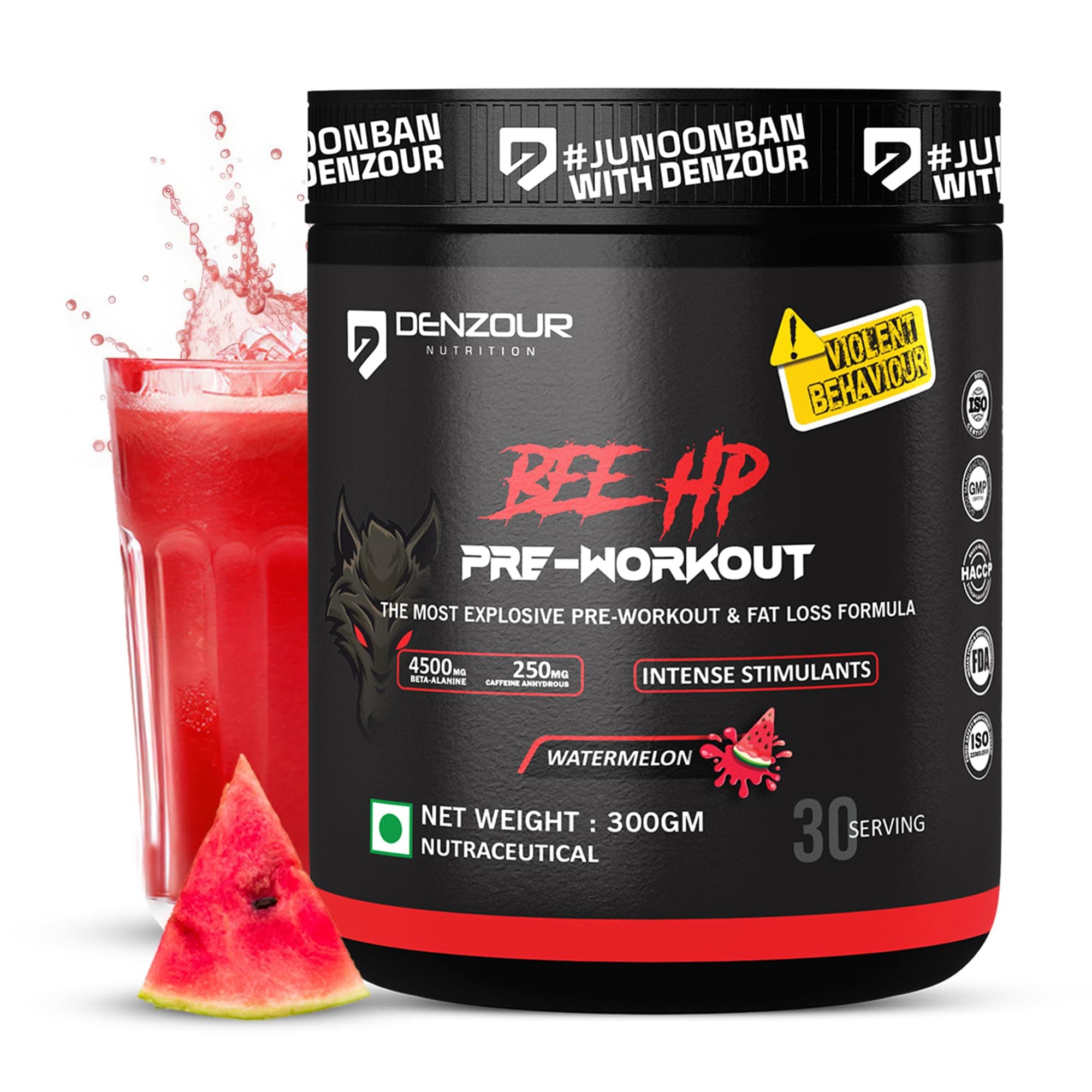 DENZOUR NUTRITION Bee-HP Pre-Workout Powder, Energy, Strength & Muscle Pump, 250mg Caffeine, 750mg Creatine Monohydrate, 4500mg Beta-Alanine, Watermelon Flavour, 300g, 30 Servings