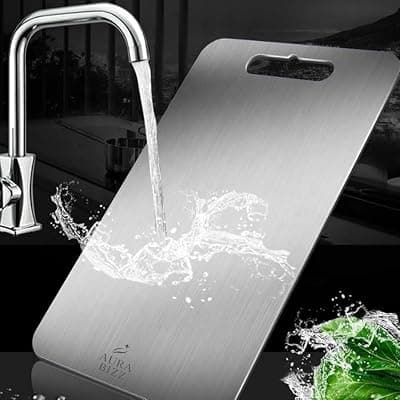 AURABIZZ Stainless Steel Cutting Board for Kitchen - Premium Vegetable and Fruit Cutter, Heavy-Duty Metal Chopping Board, Big Size Pad (31 cm X 21 cm)
