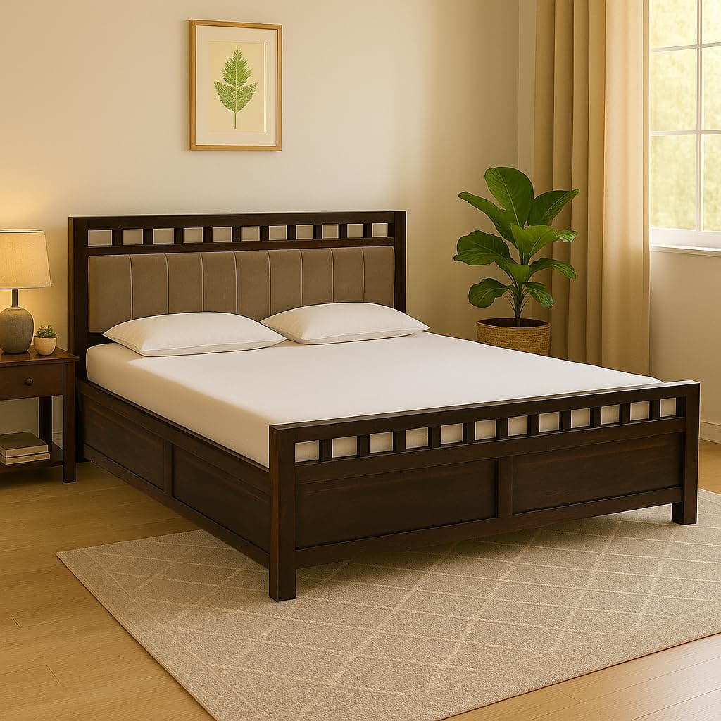 EXCEL HOME EXCEL International Solid Sheesham Wood Queen Size Bed with Box Storage | Wooden Double Bed with Box Storage & Upholstered Cushined Headboard for Bedroom | Rosewood, Teak Finish