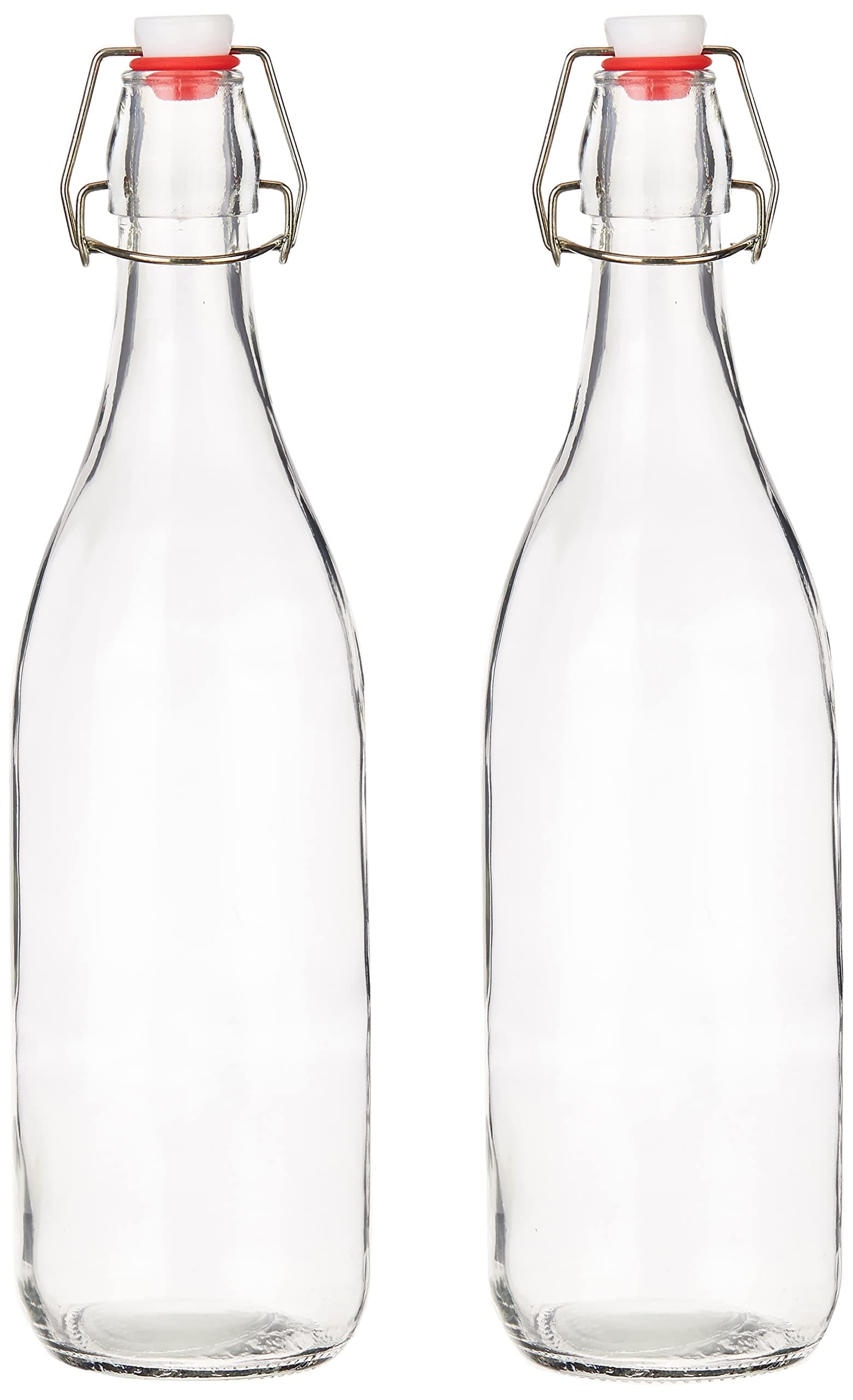 Amazon Brand - Solimo Swing Top Water Bottle with Stopper - Set of 2 (1 Liter) - Glass, Transparent