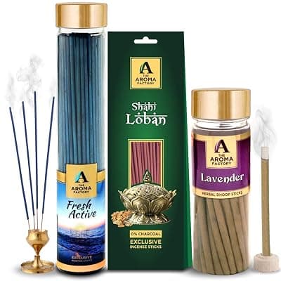 The Aroma Factory Incense Combo (Fresh Active Agarbatti -100g, Lavender Dhoop batti -100g, Loban Packet -30 Sticks) 0% Charcoal, 3 Pack