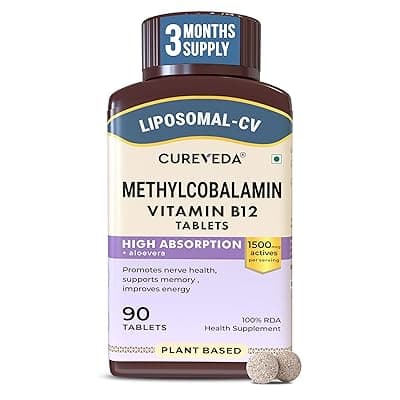 Cureveda Liposomal Vitamin B12 1500 mcg Active Methylcobalamin Aloe Vera | High Absorption Tablets for Nerve Health, Memory & Energy | 90 Tablets (90 Day Pack)