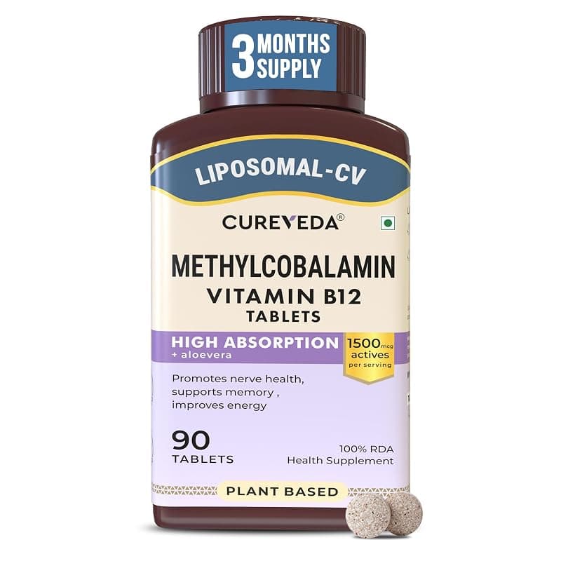 Cureveda Liposomal Vitamin B12 1500 mcg Active Methylcobalamin Aloe Vera | High Absorption Tablets for Nerve Health, Memory & Energy | 90 Tablets (90 Day Pack)