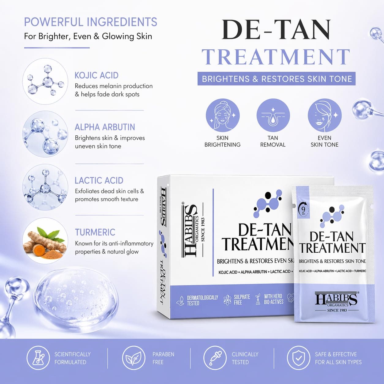 Habibs De-Tan Treatment Kit Skin Brightening & Tan Removal Evens Skin Tone Salon Professional Formula Suitable for All Skin Types 12g X 6