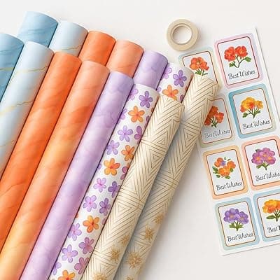 PulGos Gift Wrapping Combo Kit – 10 Assorted Decorative Sheets + 1 Cello Tape + 10 Best Wishes Stickers | Perfect for Diwali, Birthdays, Parties, Surprises &amp; Special Occasions | Wrap Paper for Presents &amp; Hampers