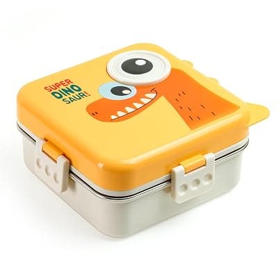 Clazkit 3-Compartment Super Dinosaur Printed Design Lunch Box – Leak-Proof &amp; BPA-Free Bento Box with Steel Tray, Spoon &amp; Container for School, Office, Travel – 1120ml + 70ml, Yellow
