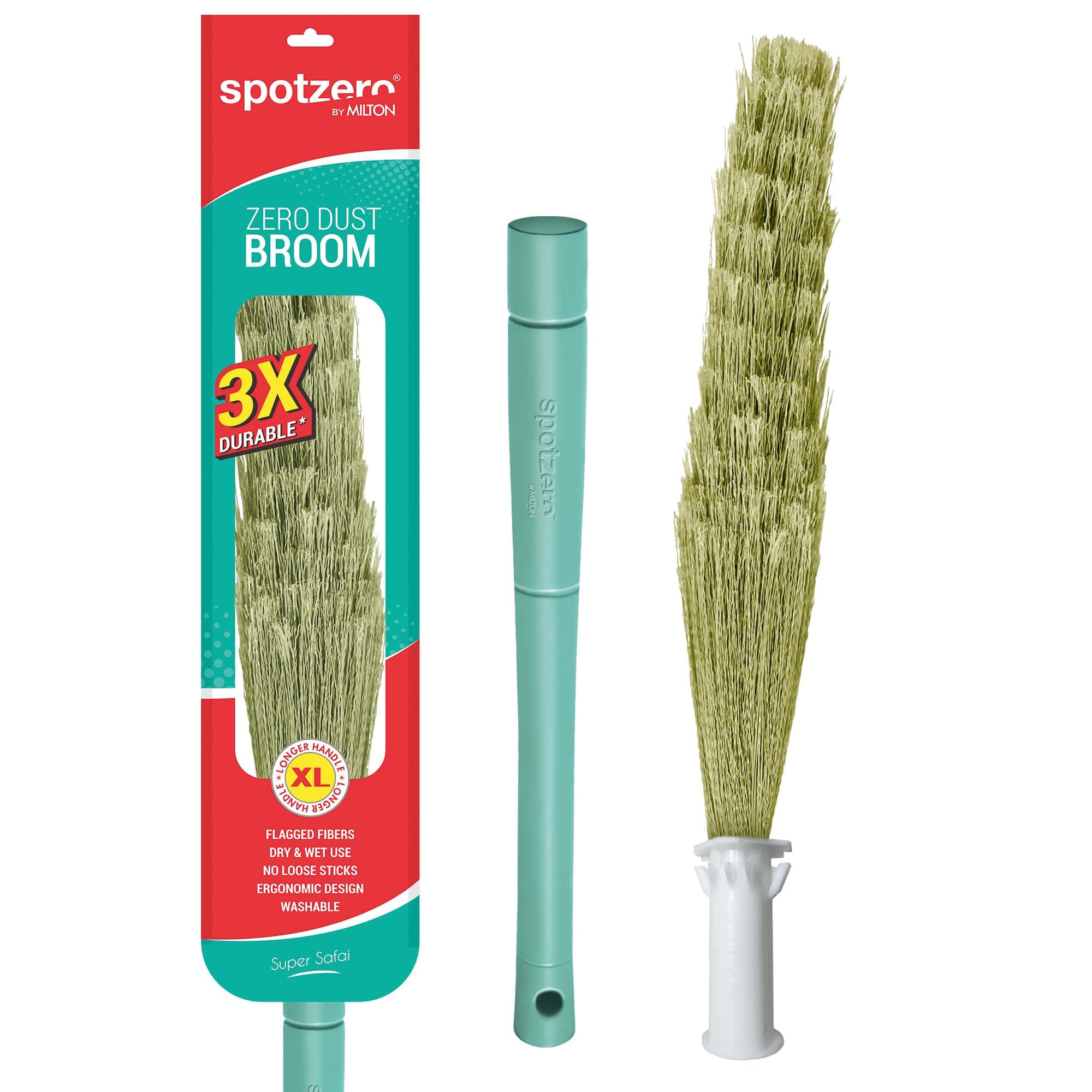 Spotzero By Milton Broom Stick I Special Zero Dust Plastic Fibre Broom I 3X Durable Design I Extra Long Handle I Dry & Wet Use I No Loose Sticks I Ergonomic Design I Aqua Green
