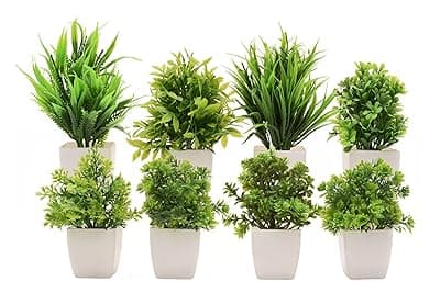Artificial Plants with Pot 8 Pack | Realistic Looking | Multi Variety | Durable Plastic | No Maintenance | Home Decor | Dimensions: 5 cm X 15 cm (Pack of 8)