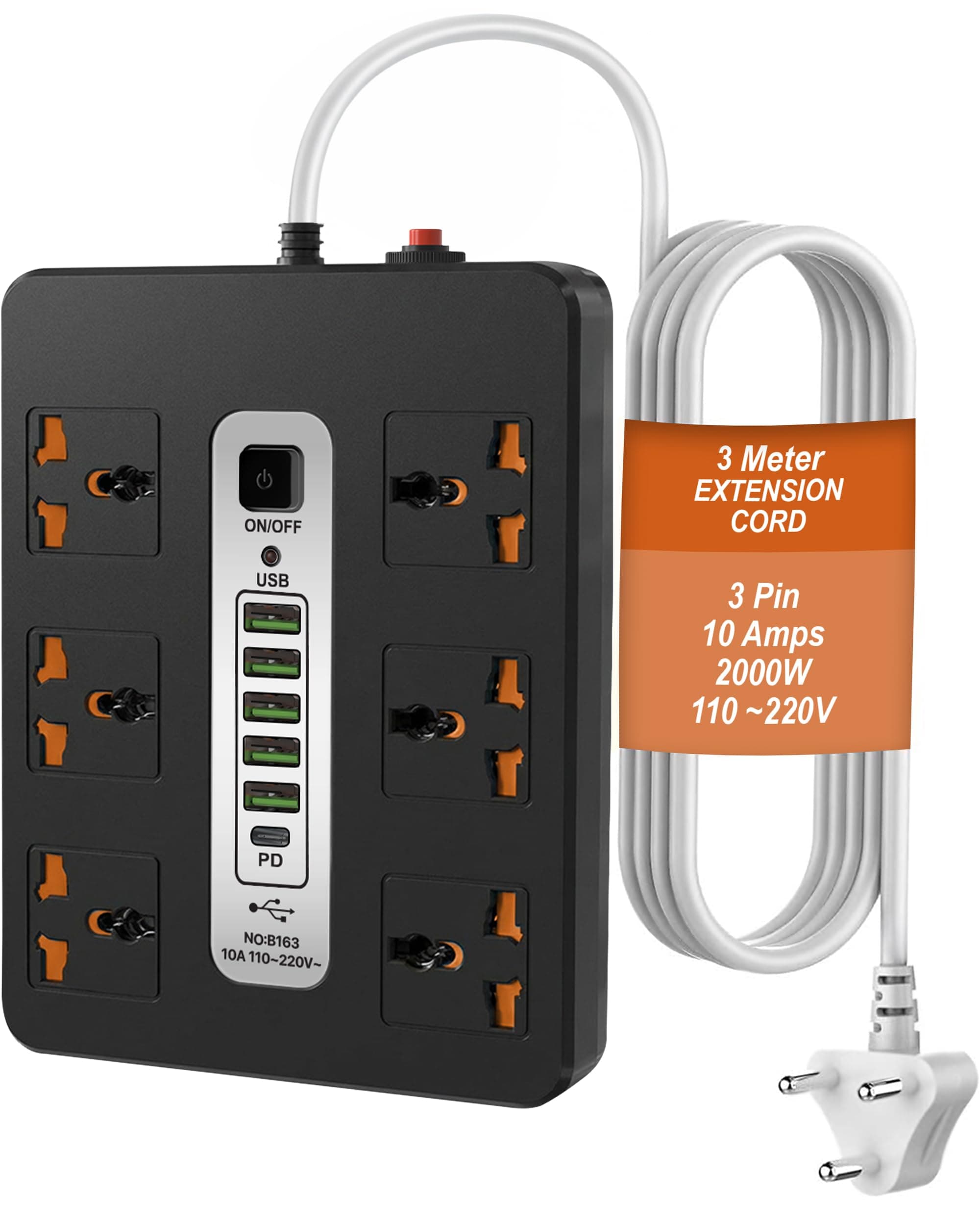 DR VAKU® 12in1 2000W Extension Board with 6 Universal Sockets & 5 USB A Ports (18W), 20W Fast PD Type C Charge 3 Meter Heavy Duty Cord Smart Chip Power Strip for Home Office Travel, 220 Volts- Black