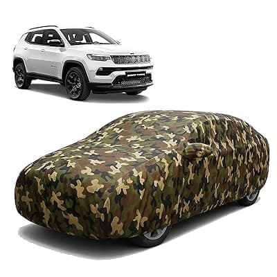 Sulfar 100% Waterproof Car Body Cover Compatible with Mirror for Jeep Compass with Long Lasting Durable Material (Triple Stitched, Full Bottom Elastic, Camouflage Army)