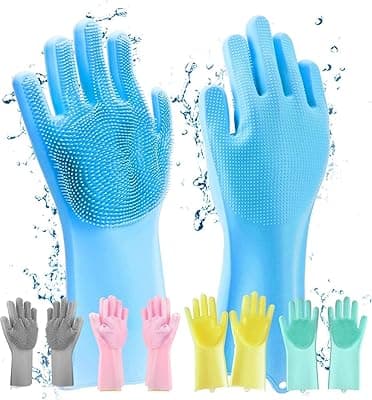 Magic Silicone Dishwashing Gloves Heat-Resistant Reusable Scrubbing Gloves for Kitchen Cleaning, Dishwashing Pet Grooming Car Wash &amp; Bathroom Built-In Scrubber Bristles – Multicolor (1 Pair)