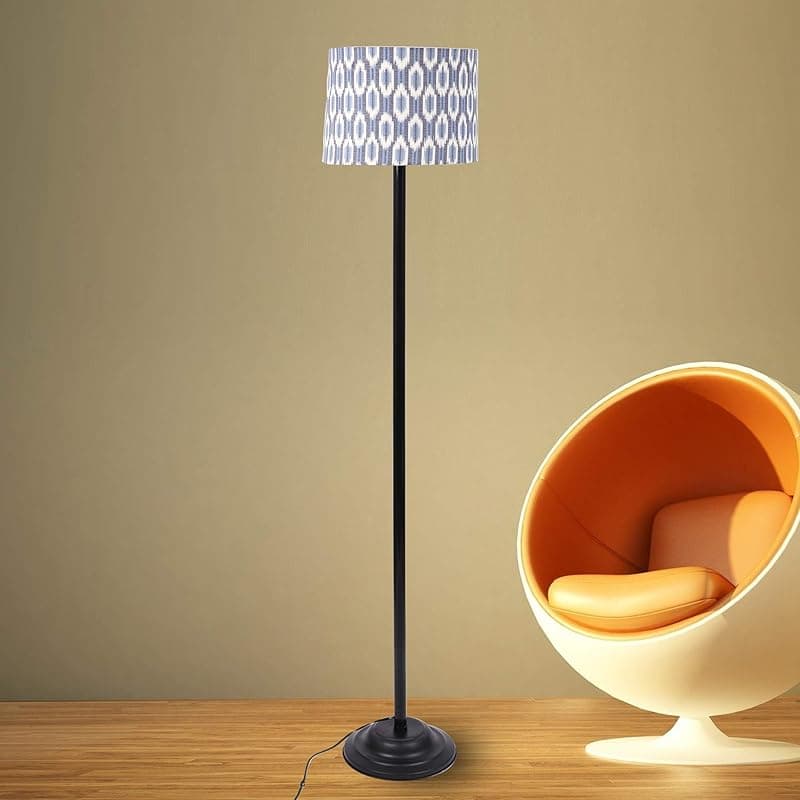 tu casa Floor Lamps Black Metal Base with Blue/Black Cotton (Ikat Print) Shades for Home Décor, Bedrooms, Living Room, Gifting, Diwali Decoration, Dining Space, Study Room, Restaurants (H-56.5")