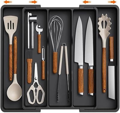 Expandable cutlery organizer for kitchen drawer cutlery tray for kitchen drawer Adjustable Multipurpose Storage for Spoons Forks Knives, Large (Black)