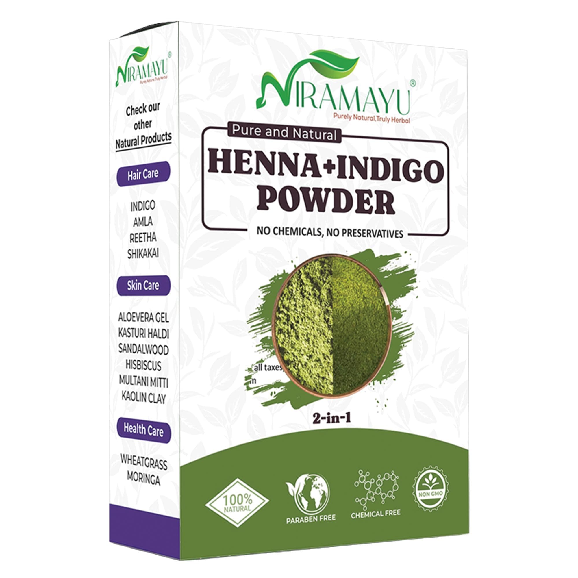 Niramayu Henna and Indigo Powder Combo for Grey Hair 200g | Natural Herbal Chemical Free Plant-Based Hair Colour | Black Hair Dye Powder | 100g Each (Pack of 2)