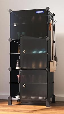 6 Shelf Black Shoe Rack with 3 Doors, Magnets, 5 Hook Steel Holder & Wooden Hammer Home Storage PP Plastic Organizer with Metal Door Frame and foots for Chappal Slipper Sandals Shoes Box Stand