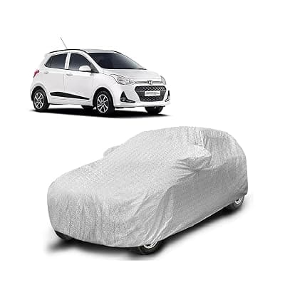Sulfar 100% Waterproof Car Body Cover Compatible with Mirror for Hyundai Grand i10 with Long Lasting Durable Material (Triple Stitched, Full Bottom Elastic, Metallic Silver)