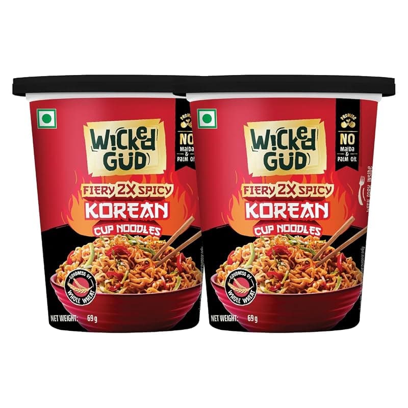 WickedGud Korean Cup Noodles Fiery 2X Spicy Pack of 2 | Whole Wheat | No maida | No Palm Oil | 69g