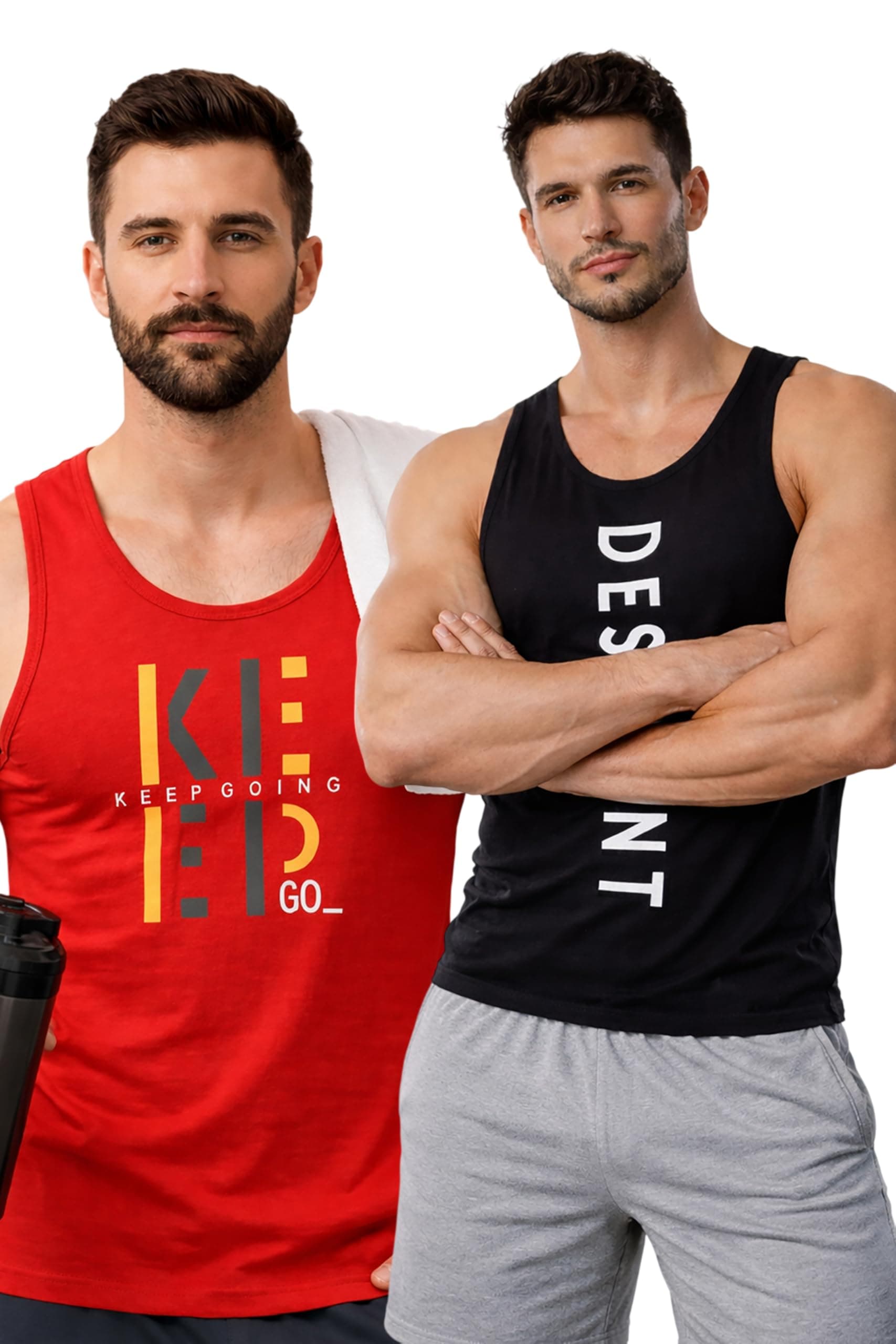 Glito Polyester Letter Printed Vest for Men - Pack of 2 - Black & Red | Round Neck | Sleeveless | Regular Fit | Summer & Gym Wear Tank Top for Men