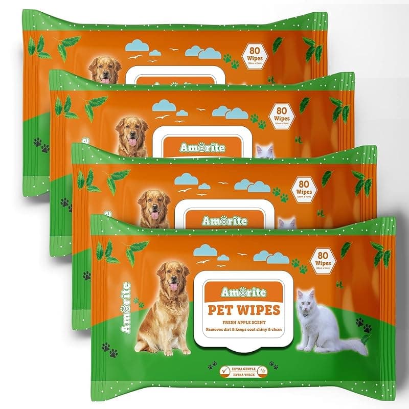 Anti-Bacterial 320 Count Pet Wipes with Fresh Apple Scent for Dogs, Puppies & Pets (Pack of 4) Suitable for All Types of Pets' Dry Bathing, Daily Care, Paw Cleaning Wipes