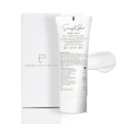 Personal Touch Sunscreen SPF 50 PA+++ for Face | Sunstalker Korea 3 in 1| Lightweight Sunscreen with No White Cast | Non-Greasy, Acne Safe & Oil-Free | With Niacinamide | For Oily & Dry Skin | 50 ml