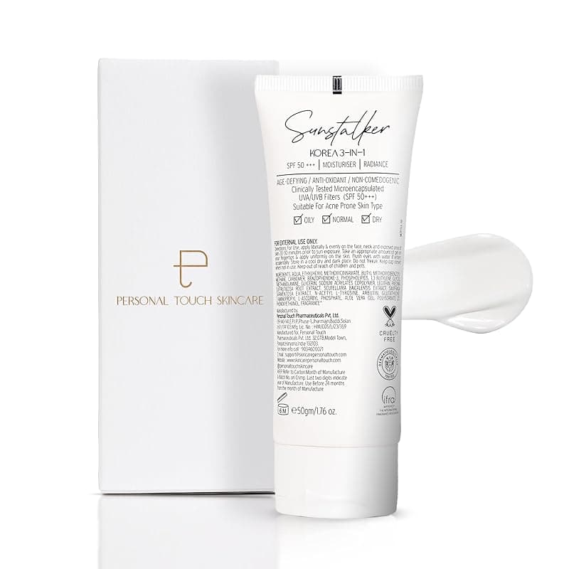 Personal Touch Sunscreen SPF 50 PA+++ for Face | Sunstalker Korea 3 in 1| Lightweight Sunscreen with No White Cast | Non-Greasy, Acne Safe & Oil-Free | With Niacinamide | For Oily & Dry Skin | 50 ml