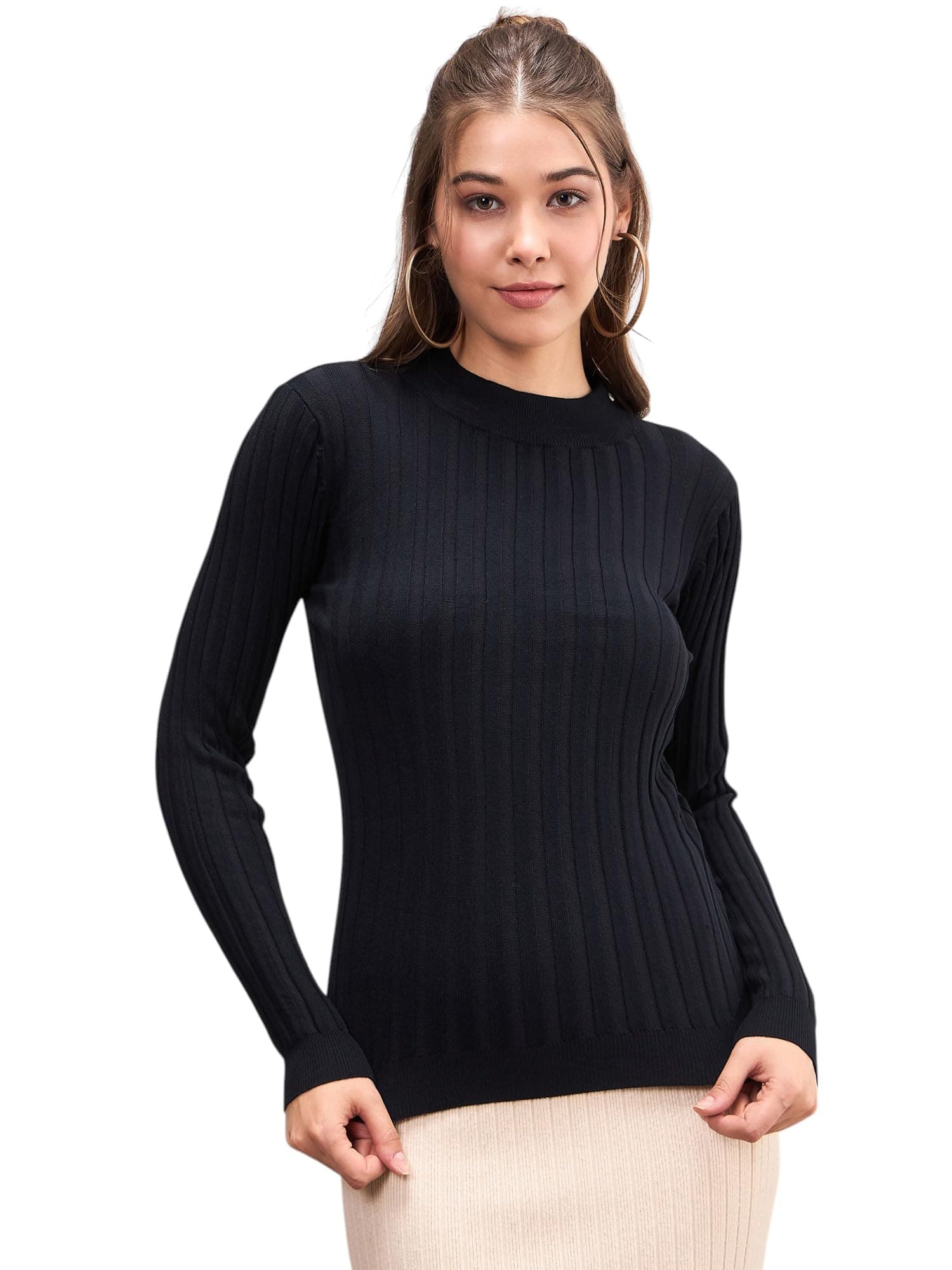 Sassafras Women Rib High Neck Full Sleeves Sweater