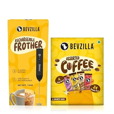 Bevzilla 24 Assorted Coffee &amp; Rechargeable Electric Frother Combo Pack | 3-Speed Setting with Type-C Fast Charging| 6 Pouches Each Flavour | Café Coffee Kit | Enjoy Hot &amp; Cold